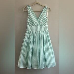 Aryeh striped v neck midi pleated fit and flare dress in mint/ white size medium